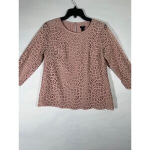 J Crew Women Lace Top 3/4 Sleeve Button Back Sheer Lined Boho Feminine Pink Sz 6